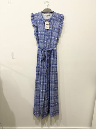 Carolina K Cotton Blend Sleeveless Ruffle Belted Maxi Dress Blue Women's Size M