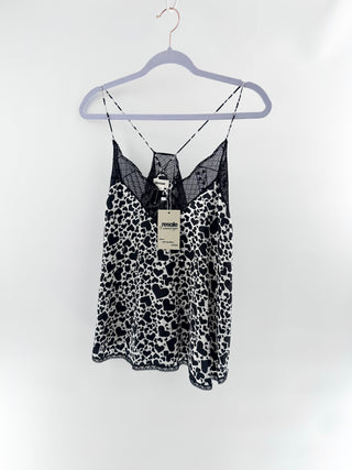 Zadig & Voltaire leopard print silk tank with lace trim, L