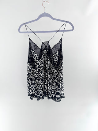 Zadig & Voltaire leopard print silk tank with lace trim, L