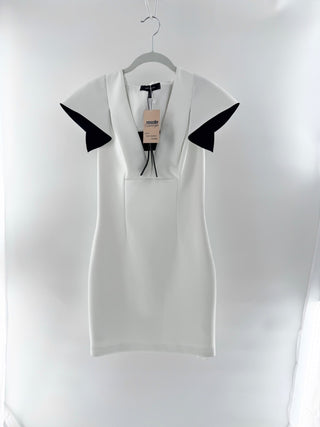 NWT Robert Rodriguez Ruffle-Cape Neoprene Mini Sheath Dress White Black Womens 8
