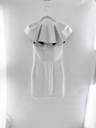 NWT Robert Rodriguez Ruffle-Cape Neoprene Mini Sheath Dress White Black Womens 8