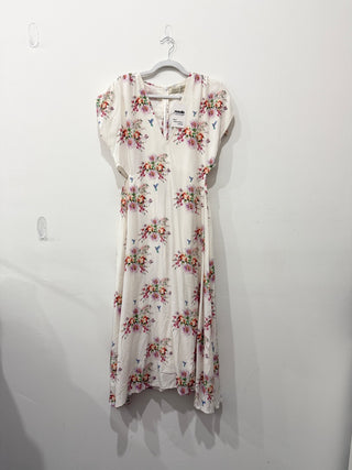 Carolina K 100% Silk Floral Cap Sleeve Cut Out A-Line Midi Dress Cream Pink XL