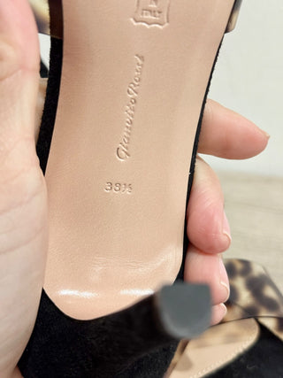 NWOT Gianvito Rossi Ilenia Crisscross Leopard PVC & Leather Mules Black EU 38.5