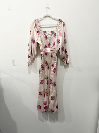 Nicholas Satin Floral Pleated Off Shoulder A-Line Midi Dress Blush Pink Purple 8