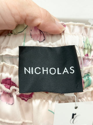 Nicholas Satin Floral Pleated Off Shoulder A-Line Midi Dress Blush Pink Purple 8