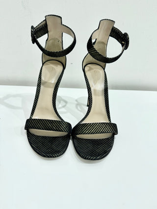 Gianvito Rossi Portofino Metallic Striped Open Toe Pump Heels Black Women's 39