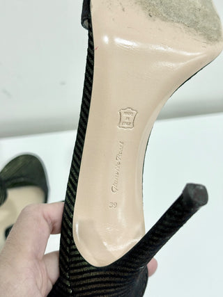 Gianvito Rossi Portofino Metallic Striped Open Toe Pump Heels Black Women's 39