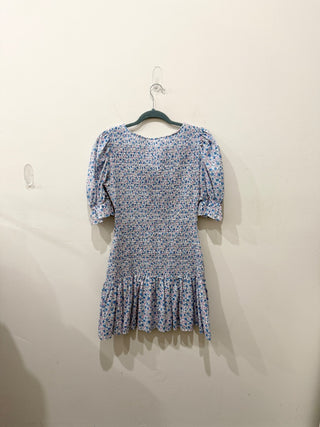 LoveShackFancy Luppa Cotton Florall Smocked Puff Sleeve Mini Dress Blue Pink M