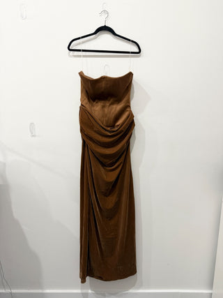 House of CB strapless gown dress with velvet ruched, L