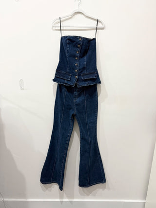 EB luxe strapless denim jumpsuit layered look, L