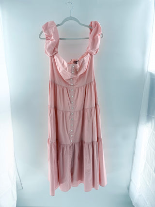 Staud Elio Off-the-Shoulder Tiered Midi A-Line Dress Light Pink Women's Size 10