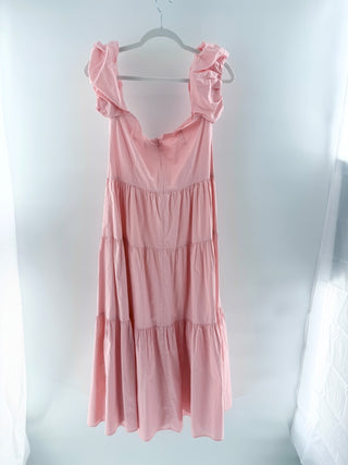 Staud Elio Off-the-Shoulder Tiered Midi A-Line Dress Light Pink Women's Size 10