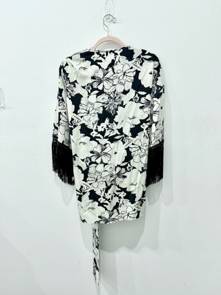 NWT Zara Floral Print Fringe Cuffs Kimono Wrap Jacket White Black Womens Sze M/L