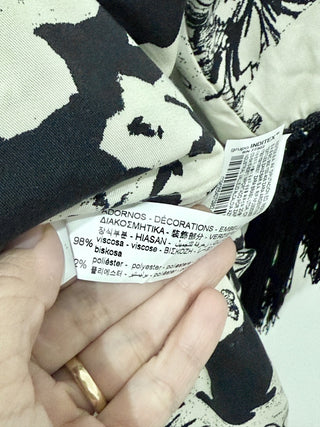 NWT Zara Floral Print Fringe Cuffs Kimono Wrap Jacket White Black Womens Sze M/L