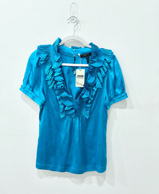 BCBGMaxAzria Silk Short Sleeve Ruffle Trim V-Neck Blouse Blue Jade Womens Size M