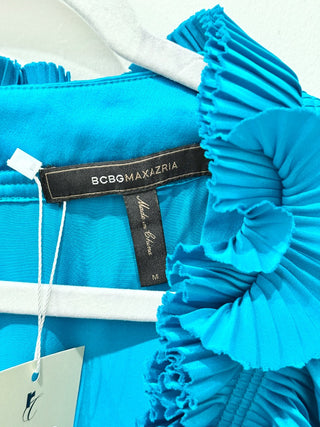 BCBGMaxAzria Silk Short Sleeve Ruffle Trim V-Neck Blouse Blue Jade Womens Size M