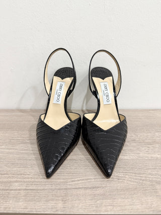 Jimmy Choo Thandi 85 Croc Embossed Leather Slingback Heels Black Women's EU 41