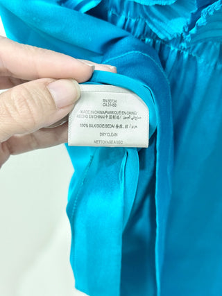 BCBGMaxAzria Silk Short Sleeve Ruffle Trim V-Neck Blouse Blue Jade Womens Size M
