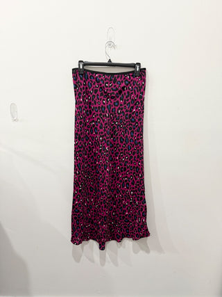 David Lerner Satin Leopard Print High Waisted Pencil Midi Skirt Fuchsia Black M