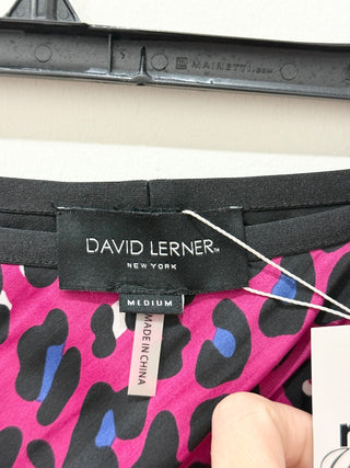 David Lerner Satin Leopard Print High Waisted Pencil Midi Skirt Fuchsia Black M