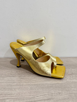 Bottega Veneta metallic leather heel slide sandals, 40
