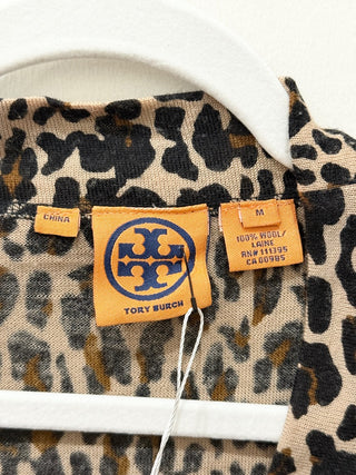 Tory Burch 100% Wool Leopard Print Long Sleeve Cardigan Sweater Brown Women's M