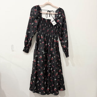 Hill House Home The Naomi Nap A-Line Dress Black Ikat Floral Crushed Taffeta S
