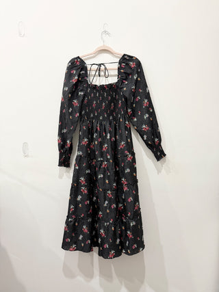 Hill House Home The Naomi Nap A-Line Dress Black Ikat Floral Crushed Taffeta S