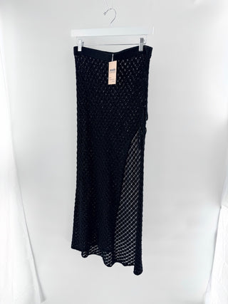 Camila Coelho crochet midi skirt featuring a semi-sheer open-knit design with high waisted fit and sultry side slit and adjustable side tie, M
