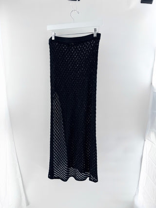 Camila Coelho crochet midi skirt featuring a semi-sheer open-knit design with high waisted fit and sultry side slit and adjustable side tie, M