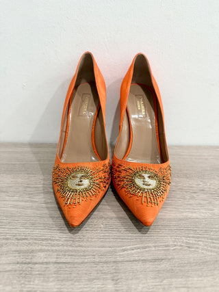 Aquazzura Moire Satin Sunlight Embellished Pointed Toe Pumps Orange Womens EU 40