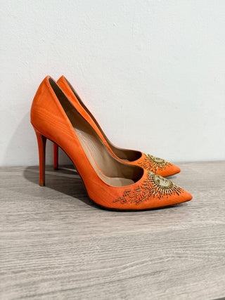 Aquazzura Moire Satin Sunlight Embellished Pointed Toe Pumps Orange Womens EU 40