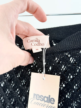 Camila Coelho crochet midi skirt featuring a semi-sheer open-knit design with high waisted fit and sultry side slit and adjustable side tie, M