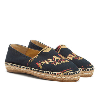 Prada Logo Embroidered Canvas Slip On Flat Espadrilles Navy Blue Womne's 39.5
