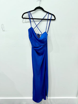 NWT Meshki Sydney Satin Straight Neck Slip Maxi Dress Cobalt Blue Women's Size S