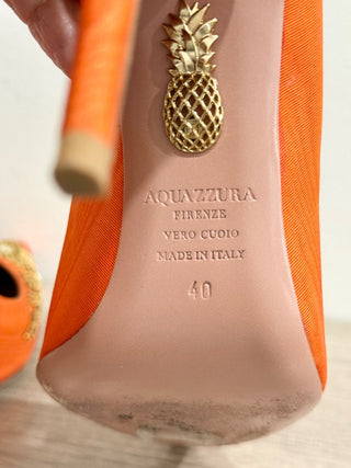 Aquazzura Moire Satin Sunlight Embellished Pointed Toe Pumps Orange Womens EU 40