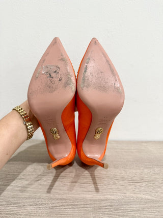Aquazzura Moire Satin Sunlight Embellished Pointed Toe Pumps Orange Womens EU 40