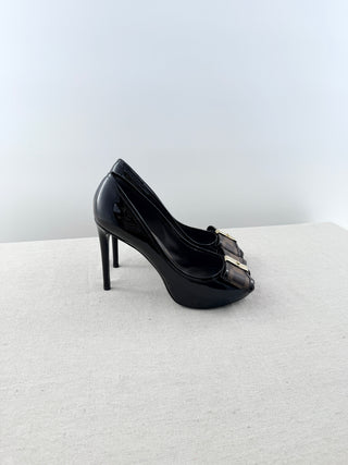 Louis Vuitton patent leather platform peep toe pumps with bow, 37