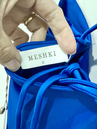 NWT Meshki Sydney Satin Straight Neck Slip Maxi Dress Cobalt Blue Women's Size S