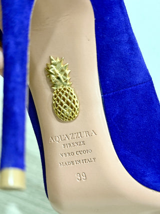 Aquazzura Suede Slip On Pointed Toe Stilettos Heel Pumps Blue Women's Size EU 39
