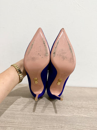Aquazzura Suede Slip On Pointed Toe Stilettos Heel Pumps Blue Women's Size EU 39