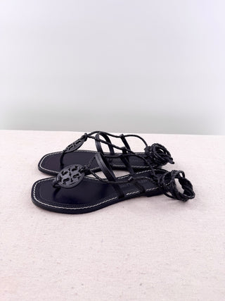 Tory Burch leather logo flat lace up sandals, 7