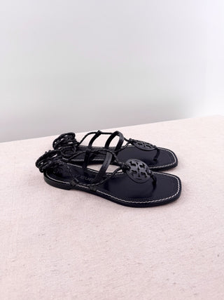 Tory Burch leather logo flat lace up sandals, 7
