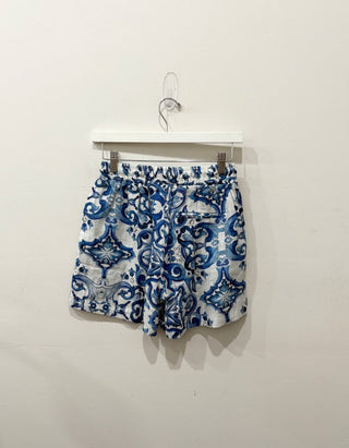Cento Lino Coconut Linen Pull On Elastic Waist Beach Shorts Blue White Women's M