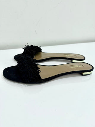Aquazzura Wild Thing Suede Fringe Trim Flat Slides Black Woemen's EU 38.5/US 8.5