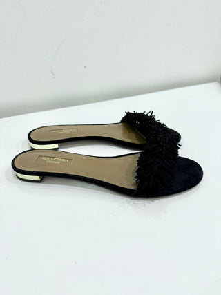 Aquazzura Wild Thing Suede Fringe Trim Flat Slides Black Woemen's EU 38.5/US 8.5