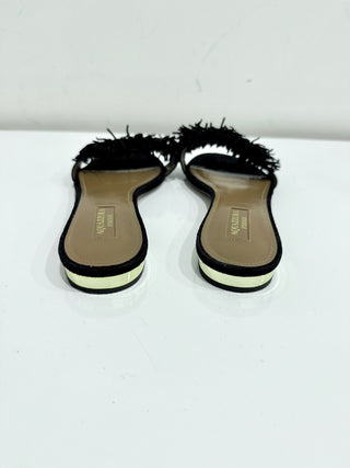 Aquazzura Wild Thing Suede Fringe Trim Flat Slides Black Woemen's EU 38.5/US 8.5
