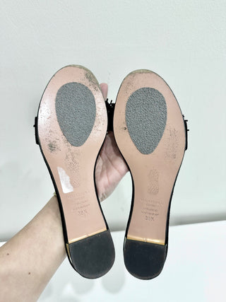 Aquazzura Wild Thing Suede Fringe Trim Flat Slides Black Woemen's EU 38.5/US 8.5