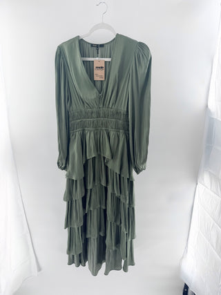 Maje satin ruffle high low midi dress, 36 FR / 4 US