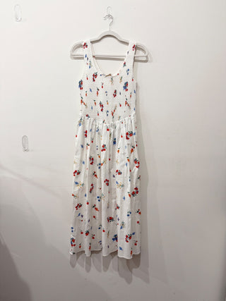 NWT WAYF Dana Smocked Drop-Waist Sleeveless A-Line Midi Dress Ivory Blossom M